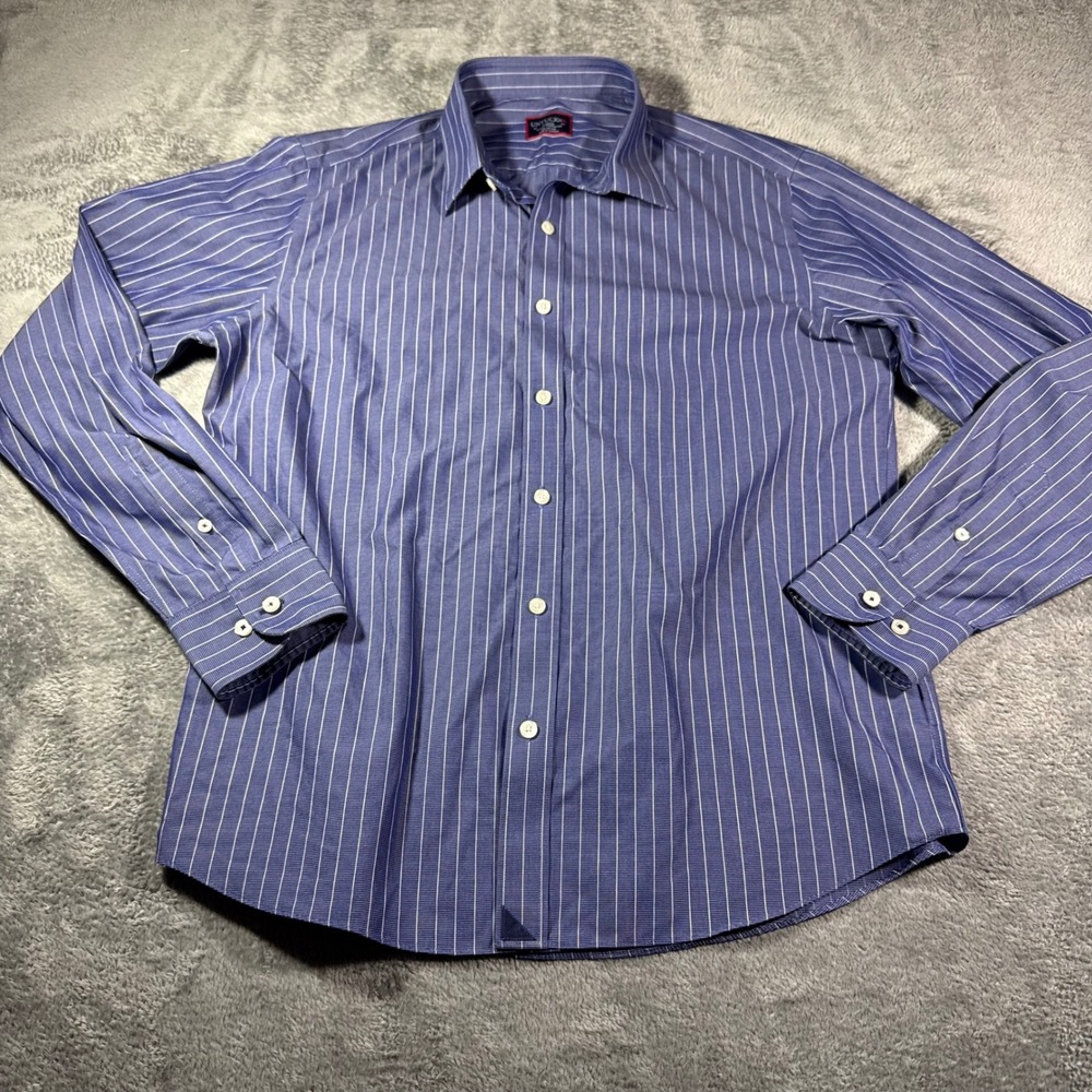 UNTUCKit Mens Large Slim Fit Wrinkle Free Blue White Striped Button Down Shirt